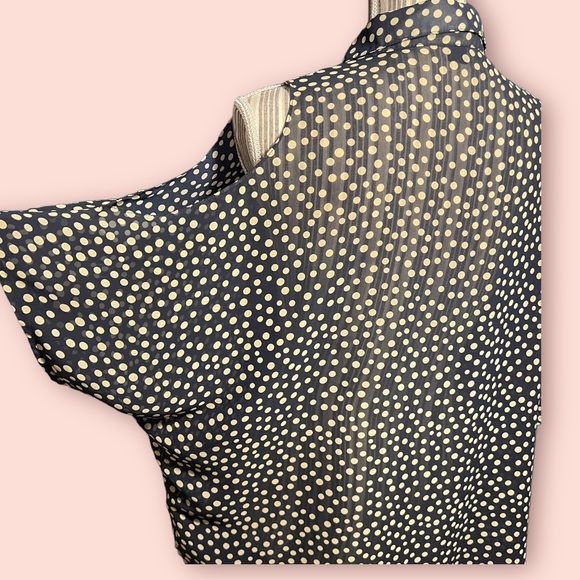Navy Open Shoulder Button Down Blouse w/ Cream Polkadots - Picture 9 of 12